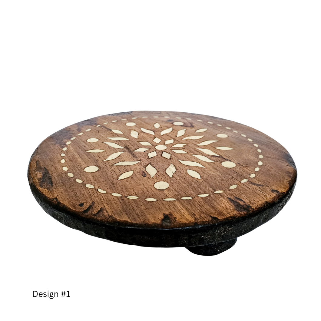 Vintage round India bone inlay chakla board dark wax finish, Coastal Bohemian, boho home decor, homewares