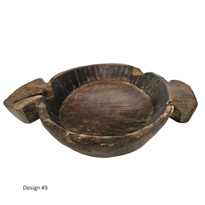 Vintage, aged Indian teak Tray, bowl with dark wax finish and bone inlay design. Coastal Bohemian, boho home decor. 