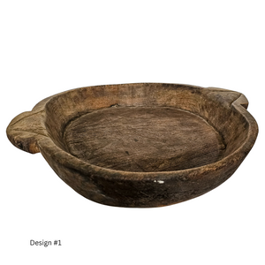Vintage, aged Indian teak Tray, bowl with dark wax finish and bone inlay design. Coastal Bohemian, boho home decor. 