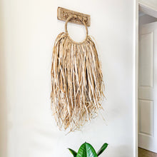 Coastal bohemian, boho, natural raffia wall hanging. natural wall art style. Unique, handcrafted Bali style home decor with rustic earthy textures. Unique wall decor.
