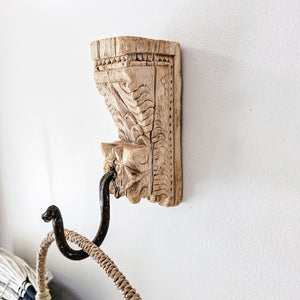 Vintage indian wall hook. Hand carved, handmade wall art decor. Hang your natural wall art decor for modern Coastal boho home style. Rustic farmhouse home interior. Unique boho home decor