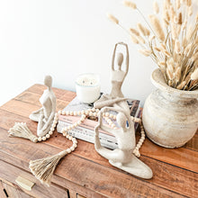 Calm, serene yoga pose lady figurine, statue for natural, neutral home decor. Ideal for Coastal boho, Bohemian styled interiors. Stretch pose statue. Decor for home styling. Modern Coastal, boho