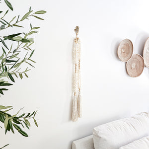 Large wooden bead and shell long hanging wall tassel, garland. Coastal Bohemian, boho home decor.