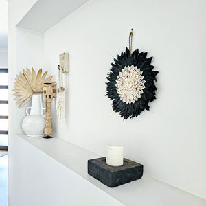 Black feather and shell juju, wall hanging decor, coastal boho, bohemian decor