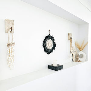 Black feather and shell juju, wall hanging decor, coastal boho, bohemian decor