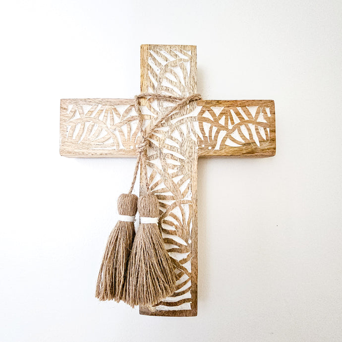 Mango wood hand carved cross with intricate design. Handcrafted wall decor, wall cross with jute tassels 