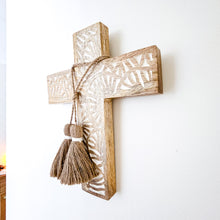 Mango wood hand carved cross with intricate design. Handcrafted wall decor, wall cross with jute tassels 