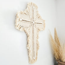 Cotton and shell wall hanging cross, decorative cross, coastal boho, bohemian style decor