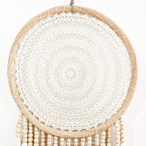 Iris round dreamcatcher Wall Hanging large in natural tone macrame cotton and wood beads. Perfect for coastal boho inspired home interior aesthetic. Wall statement piece.