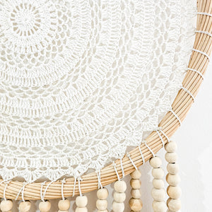 Iris round dreamcatcher Wall Hanging large in natural tone macrame cotton and wood beads. Perfect for coastal boho inspired home interior aesthetic. Wall statement piece.