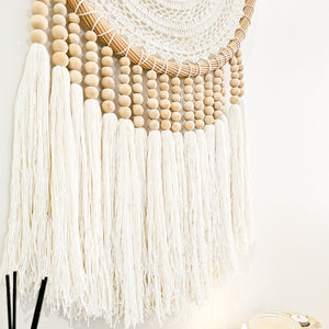 Iris round dreamcatcher Wall Hanging large in natural tone macrame cotton and wood beads. Perfect for coastal boho inspired home interior aesthetic. Wall statement piece.