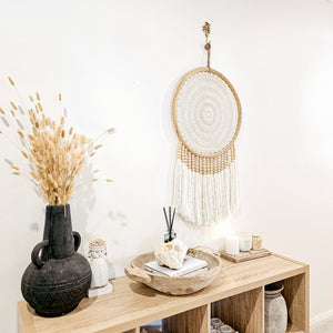 Iris round dreamcatcher Wall Hanging large in natural tone macrame cotton and wood beads. Perfect for coastal boho inspired home interior aesthetic. Wall statement piece.