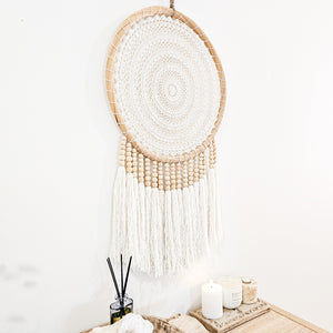 Iris round dreamcatcher Wall Hanging large in natural tone macrame cotton and wood beads. Perfect for coastal boho inspired home interior aesthetic. Wall statement piece.