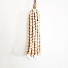Mini wooden bead wall tassel. Decor tassel. Natural hamdcrafted wall art decor for coastal boho, farmhouse home decor. Home interior decor for coastal boho styles.