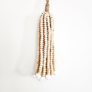 Mini wooden bead wall tassel. Decor tassel. Natural hamdcrafted wall art decor for coastal boho, farmhouse home decor. Home interior decor for coastal boho styles.