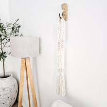 Large wooden bead and shell long hanging wall tassel, garland. Coastal Bohemian, boho home decor.