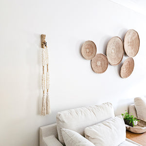 Large wooden bead and shell long hanging wall tassel, garland. Coastal Bohemian, boho home decor.
