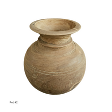 Handcrafted, vintage Indian wooden teak pots, vases, vessels
