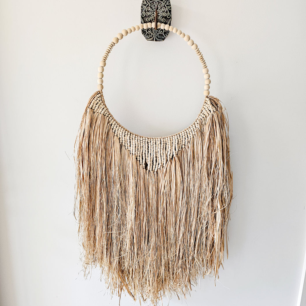 Long Raffia with wood bead detailing wall art decor. Coastal, boho, Bohemian home decor. Natural wall art. Handmade Bali style wall art decor