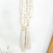 Large wooden bead and shell long hanging wall tassel, garland. Coastal Bohemian, boho home decor.