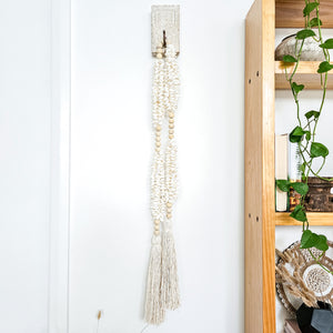 Large wooden bead and shell long hanging wall tassel, garland. Coastal Bohemian, boho home decor.