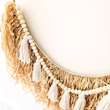 Natural straw, Raffia hanging with beaded garland of tassels. Coastal Boheme boho inspired home. Coastal boho interior style wall hangings 