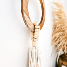 Teak wooden hoops wall decor with long cotton tassel. Coastal boho, Bohemian wall decor art.

