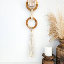 Teak wooden hoops wall decor with long cotton tassel. Coastal boho, Bohemian wall decor art.
