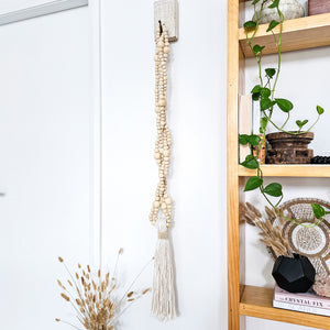 Large wooden bead long hanging tassel. Coastal Bohemian, boho home style decor.