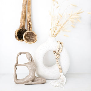 Calm, serene yoga pose lady figurine, statue for natural, neutral home decor. Ideal for Coastal boho, Bohemian styled interiors. Stretch pose statue. Decor for home styling. Modern Coastal, boho